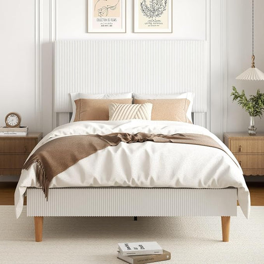 Full Size Bed Frame, Upholstered Platform Bed with Adjustable Headboard, Vertical Fluted Tufted, Soft Corduroy Fabric, Wooden Slats Support, No Box Spring Needed, Easy Assembly, Brown