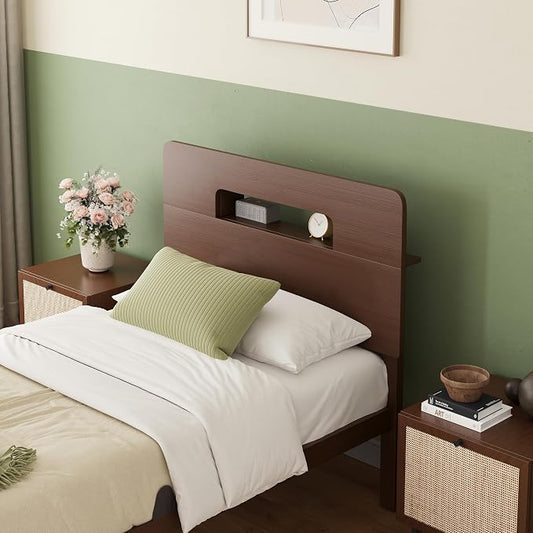 ZIYOO 14 Inch Twin Size Bed Frame, Walnut Bamboo Platform Bed with Solid Frame & Heavy-Duty Iron Slats, No Box Spring Needed, Noise-Free Design