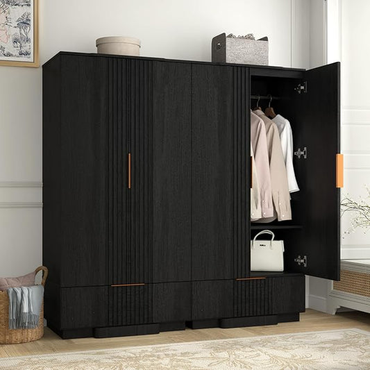 Yechen 67" Fluted Armoire Wardrobe Closet with 4 Doors and Drawer Set of 2, Wooden Wardrobe Closet Cabinet with Adjustable Shelve, Modern Small Armoires Storage Clothes, Coats for Bedroom, 2pcs,Black