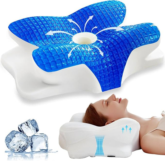 EUCIOR Cooling Gel Pillows for Neck and Shoulder,Cervical Pillow Cozy Sleeping,Odorless Ergonomic Contour Memory Foam Pillows for Side Back Stomach Sleepers with Pillowcase (White)