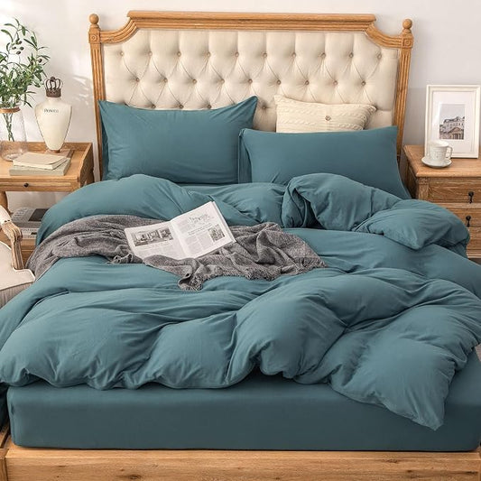 PURE ERA Jersey Knit Duvet Cover Set 100% T-Shirt Cotton Super Soft Comfy 3pc Bedding Set with Zipper Closure (Solid Cerulean Blue, Full)