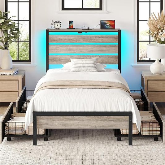 Rolanstar Twin Bed Frame with 4 Drawers, LED Lights and Charging Station, Metal Platform Bed with Storage Headboard, Noise Free, Easy Assembly, No Box Spring Needed, Light Grey