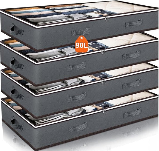 90L Under Bed Storage Containers, Closet Organizers and Storage Bins, Foldable Underbed Storage Bags for Blankets, Towels, Comforter, Sweaters, Linen Sheets, Wrapping Paper (Grey, 4 Pack)