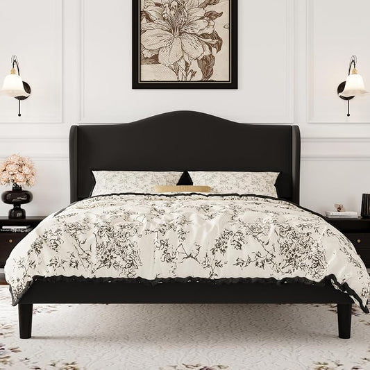 SHA CERLIN Full Size Velvet Platform Bed Frame with Elegant Wingback Headboard, Modern & Luxurious Design, Sturdy Wooden Slats, No Box Spring Required, Easy Assembly, Noise-Free, Soft Black