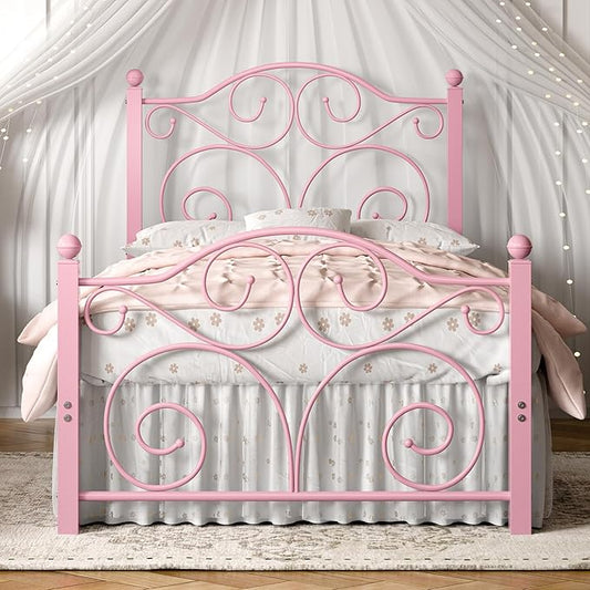 VECELO Twin Size Bed Frame with Headboard and Footboard, Heavy Duty Metal Slat Support, Platform Mattress Foundation, No Box Spring Needed, Easy Assembly, Pink