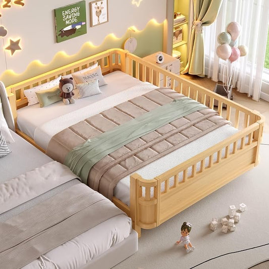 Bellemave Full Size Montessori Bed with Fence and Slats, Full Size Low Platform Bed Frame with Detachable Side Bed Rails and Rounded Corner Design, Easy Assemble Montessori Bed Natural