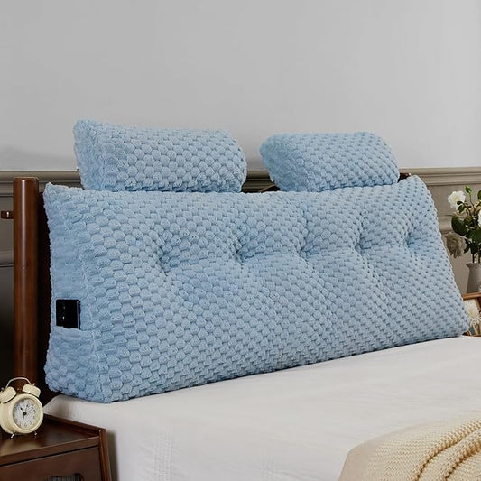 Wedge Headboard Pillow - Bed Wedge Pillow for Headboard Triangular Headboard Pillow with Neck Roll Pillow-Large Bolster Pillow for Sitting in Bed Backrest Positioning Support (Blue,54x8x20 Inches)