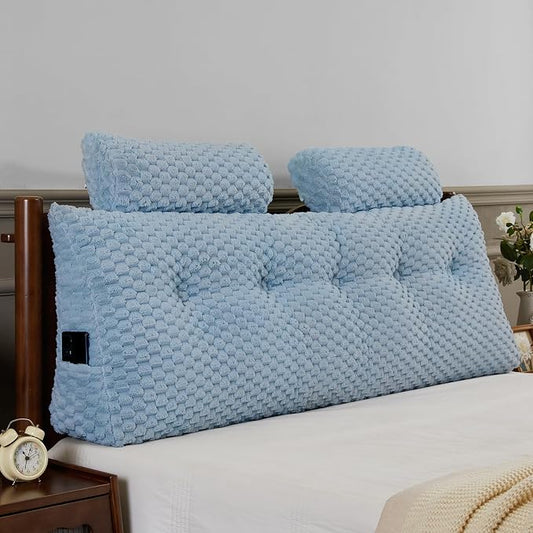 Wedge Headboard Pillow - Bed Wedge Pillow for Headboard Triangular Headboard Pillow with Neck Roll Pillow-Large Bolster Pillow for Sitting in Bed Backrest Positioning Support (Blue,59x8x20 Inches)