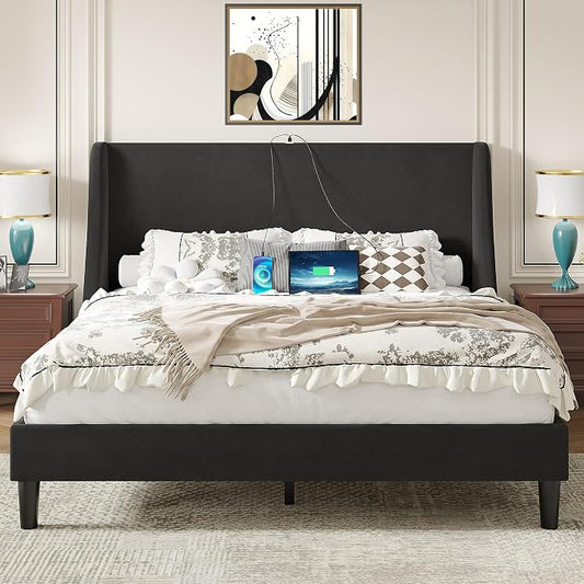 VECELO Queen Bed Frame with Upholstered Wingback Headboard, Heavy-Duty Platform Bedframe with Charging Station, Wooden Slats, No Box Spring Needed, Grey