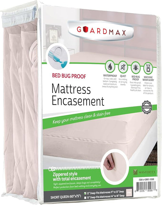 Guardmax Short Queen Mattress Encasement with Zipper, Waterproof, Bed Bug Proof, Dust Mite Proof Mattress Protector for Short Queen Bed up to 12" Deep, Zippered All Around Jersey Knitted Cover
