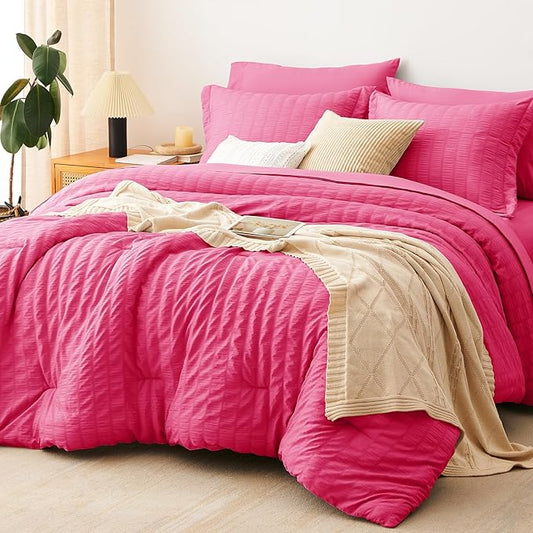 CozyLux King Size Comforter Set Hot Pink Seersucker 7 Pieces Bed in a Bag King Comforter Set with Sheets, Luxury Bedding Sets with Down Alternative Comforter, Sheets, Pillowcases & Shams All Seasons