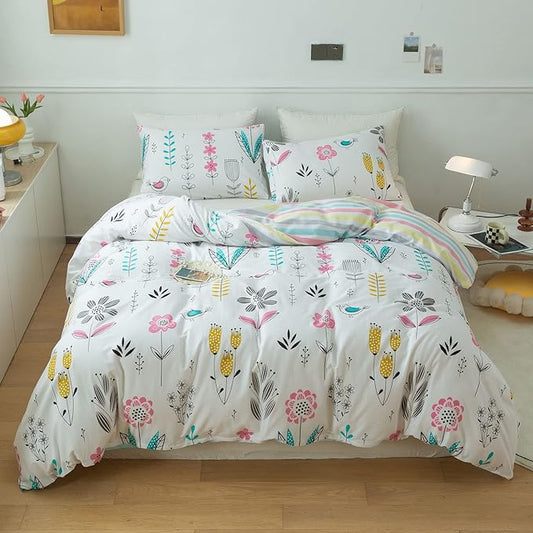 mixinni Flowers Duvet Cover for Teenage Girls Queen Size Floral Leaf Printed Soft Cotton Full Bedding Set Reversible Colorful Striped Pattern Girls Zipper Closure 4 Corner Ties for Women-Queen Size