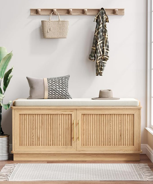 Akxomel Fluted Shoe Storage Bench with Cushion, 39.4" Entryway Bench with Adjustable Shelves and 2 Doors, Shoe Cabinet Bench with Curved Profile, for Hallway, Living Room, Bedroom, Natural Oak