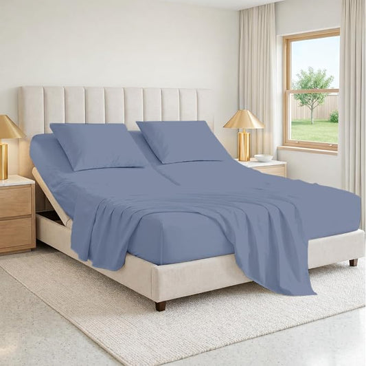 SGI bedding 28" Cal King Split Top Flex Head Sheet 100% Egyptian Cotton Sheet Set 1000 Thread Count Flex Top Sheet for Adjustable Bed 4Pc Sheet Set 15" Deep for Sleep Number Bed, Mediterranean Blue