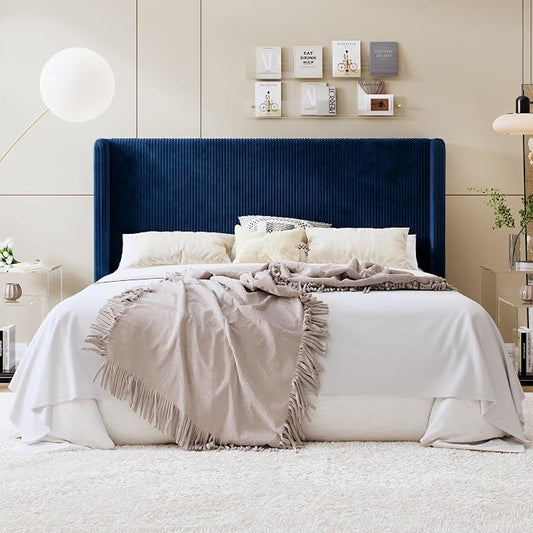 SHA CERLIN King Size Corduroy Upholstered Platform Bed Frame with Vertical Channel Tufted Wingback Headboard, 8" Under Bed Storage, Wooden Slats & Metal Frame Support, Easy Assembly, Dark Blue