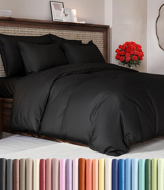 Duvet Cover Full Size Set - Extra Soft Full Duvet Cover 80" x 90" with 2 Pillow Shams - Hotel Luxury, Easy Care and Fade Free w/ Zipper Closures & Ties - All Season, Comfy, Cozy & Breathable (Black)