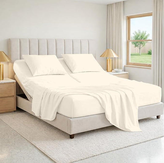 SGI bedding 39" King Split Top Flex Head Sheet 100% Egyptian Cotton Sheet Set 1000 Thread Count Flex Top Sheet for Adjustable Bed 4Pc Sheet Set 15" Deep Pocket for Sleep Number Bed - Butter