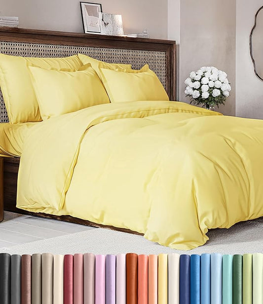 Duvet Cover Queen Size Set - Extra Soft Queen Duvet Cover 90" x 90" with 2 Pillow Shams - Hotel Luxury, Easy Care & Fade Free w/ Zipper Closures & Ties - All Season, Comfy, Cozy & Breathable (Yellow)
