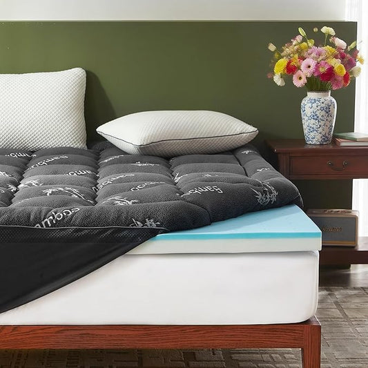 BEDLORE 4 Inch Memory Foam Mattress Topper Twin,2-in-1 Dual Layer Design (2" Gel Memory Foam + 2" Plush Pillow Top Cover) Mattress Topper Medium-Firm,Pressure Relief & Back Pain Support(Dark Gray)
