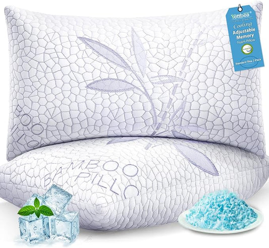 Yettbea Adjustable Shredded Memory Foam Pillows Standard Size Set of 2, Luxury Bamboo Cooling Pillow w/Washable Zippered Cover, Soft or Firm Support Bed Pillow for Side, Back, Stomach Sleeper