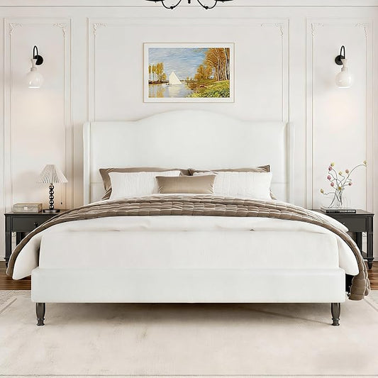 Upholstered Bed Frame with Tall Headboard, Leather Queen Platform Bed Frame with Wingback Sides, Wood Slats Support, Noise-Free Design, No Box Spring Needed, Easy Assembly, White