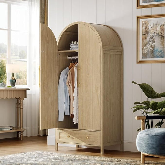 VINGLI Arched Wardrobe Closet Armoire with Doors and Drawer, 70" Tall Wooden Wardrobe Cabinet,Clothing Storage Cabinet, Large Capacity Storage, Natural Oak