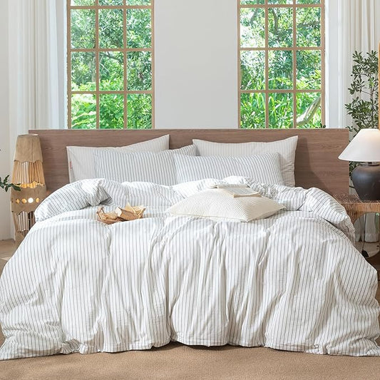 MooMee Striped Duvet Cover Set 100% Washed Cotton Linen Like Textured Breathable Durable Soft Comfy (White Heathered Green Wide Stripes, King 104"x90")