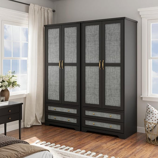 Yechen 71" Wooden Armoire Wardrobe Closet Set of 2- Modern Functional Clothes Tall Storage Cabinet with Adjustable Shelf and Hanging Rail, Sturdy Freestanding Closet Wardrobe with 2 Wide Drawers