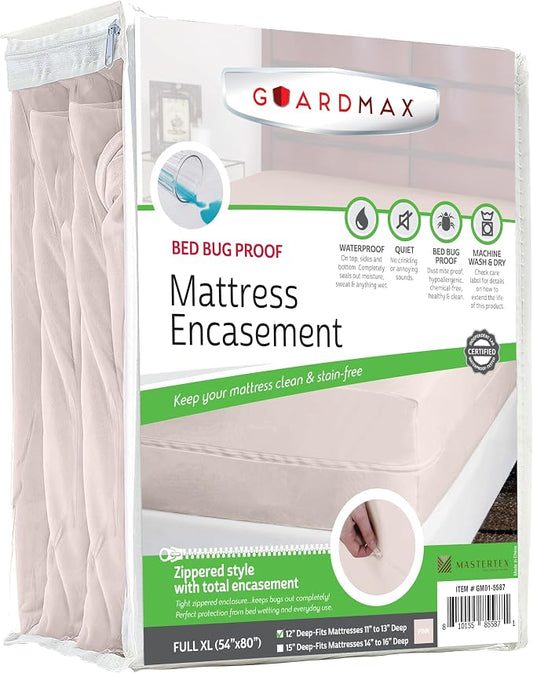 Guardmax Full XL Mattress Encasement with Zipper, Waterproof, Bed Bug Proof, and Dust Mite Proof Mattress Protector for Full XL Bed up to 12" Deep, Zippered All Around Jersey Knitted Mattress Cover