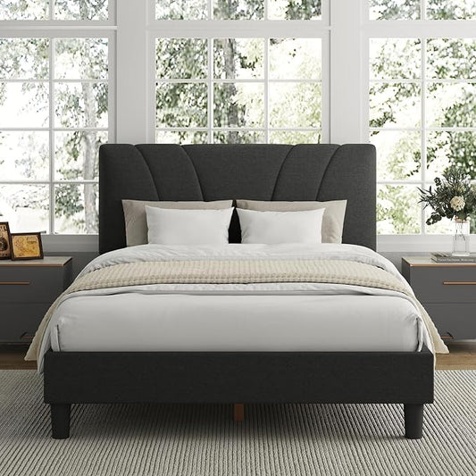 Avenco Full Bed Frame, Upholstered Platform Bed Frame with Adjustable Headboard, Wood Slat Support, Easy Assembly, No Box Spring Needed, Dark Grey