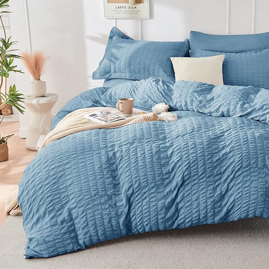 HYMOKEGE Mineral Blue Duvet Cover King Size, Ultra Soft 3-Piece Seersucker Duvet Cover Set with Zipper Closure, Soft Brushed Microfiber Bedding Set with 8 Corner Ties (104"x90", 2 Pillowshams)