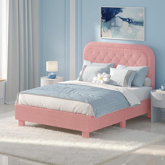 VINGLI Full Boucle Cloud Bed Frame with Headboard,Upholstered Soft Bed with Wood Sturdy Slats Support, Rounded Corners,Modern Cream Style,Easy Assembly, Pink