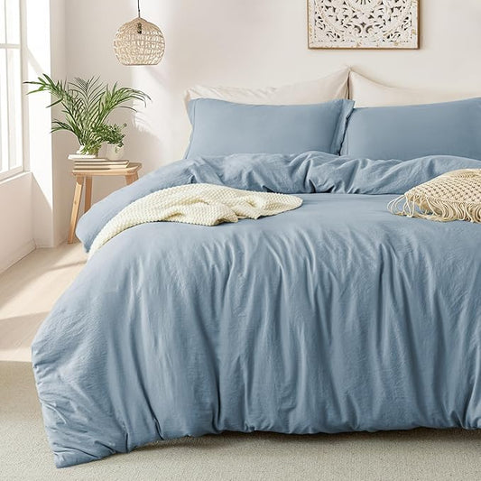 MILDLY Super Soft Duvet Cover - 100% Washed Microfiber Haze Blue Comforter Cover Set 3 Pieces with Zipper Closure & Corner Ties (No Comforter)
