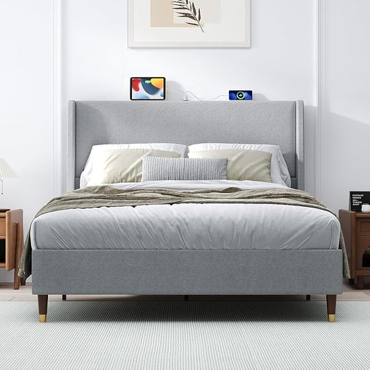 MALOL Queen Size Bed Frame with Upholstered Headboard, Linen Fabric Platform Bed Frame with USB Charging Ports, No Box Spring Needed, Sturdy Metal Support, Noise Free, Modern Bedroom Furniture,Grey