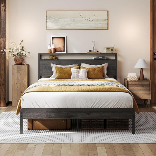 LIKIMIO Full Bed Frame with Headboard, Dark Wood Camas Full with Strong Supports, Sturdy, Noise-Free, No Box Spring Needed, Charcoal Grey