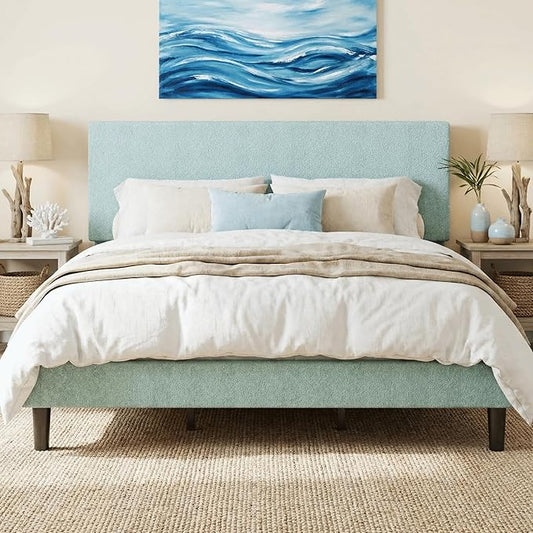 SHA CERLIN King Size Platform Bed Frame with Adjustable Headboard and Wooden Slats Support, Boucle Upholstered Mattress Foundation, No Box Spring Needed, Easy Assembly, Ice Blue