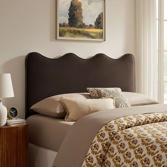 Monday Athena Queen Size Performance Velvet Adjustable Headboard in Chocolate Brown - with Scalloped Wave Design and Stain-Resistant Velvet Upholstery