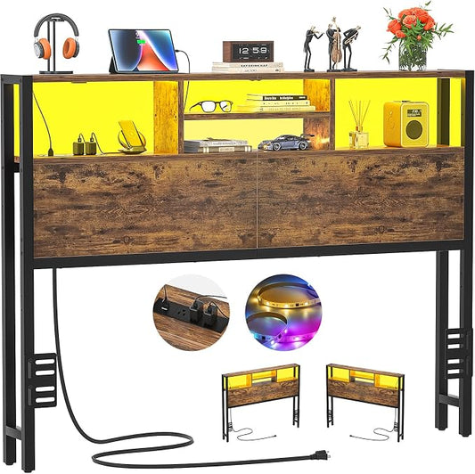 Aheaplus Headboard for Full Size Bed with Storage, Headboards with Outlets, USB Ports and LED Light, Full Size Head Board, Height Adjustable, Reversible, Sturdy and Stable Headboard, Rustic Brown