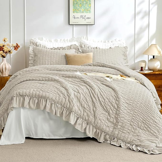 JOLLYVOGUE Twin Size Comforter Set, 2 Pieces Oatmeal Seersucker Lightweight Fluffy Bedding Set, Twin Ruffle Comforter, All Season Soft Microfiber Shabby Chic Bed Set