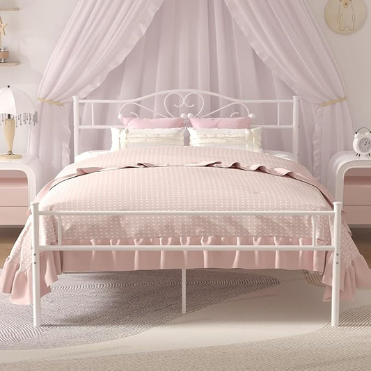 VECELO 14 Inch Queen Size Metal Platform Bed Frame with Headboard and Footboard, Heavy Duty Mattress Foundation with Steel Slats Support, No Box Spring Needed, White