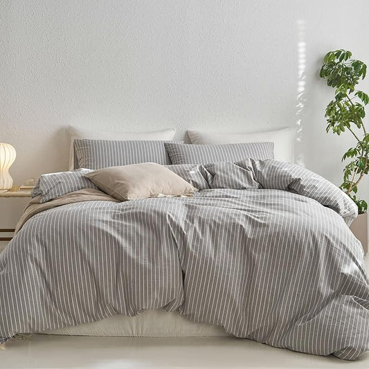MooMee Striped Duvet Cover Set 100% Washed Cotton Linen Like Textured Breathable Durable Soft Comfy (Light Grey White Wide Stripes, Oversized King Plus 128"x120")