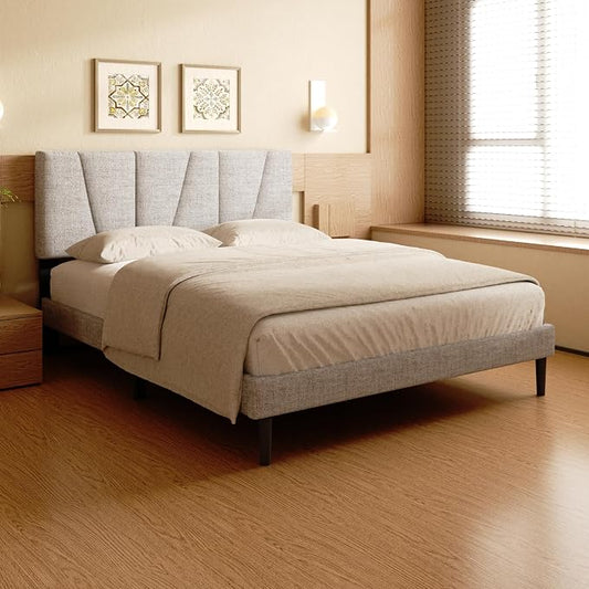 Full Size Bed Frame, Linen Upholstered Platform Bed with Headboard, Strong Wooden Slats Support, Noise-Free Mattress Foundation, No Box Spring Needed, Easy Assembly, Light Grey