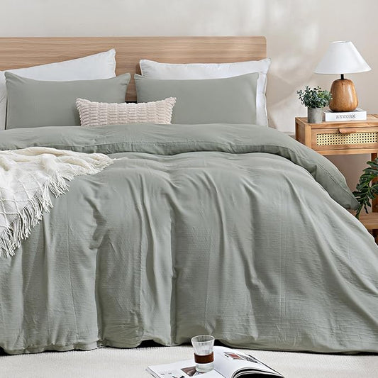 TOCOMOA Muslin Duvet Cover 100% Cotton Like Linen Texture Breathable Soft Comfy 3-Piece Sage Green Comforter Cover Bedding Set (Queen 90"x90", Comforter Not Included)