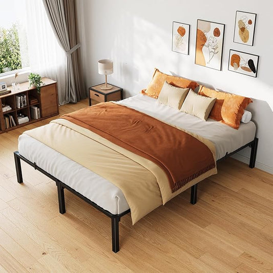 14 Inch Full Metal Bed Frame, Heavy Duty Metal Platform Bed Frame with Reinforced Slats Support, 800 Lbs Load Capacity, Noise Free, No Box Spring Needed and Screws , Tool-Free Assembly Bed Frame