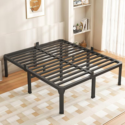 ROIL 14 Inch Queen Size Bed Frame with Mattress Slide Stopper - Double Black Basic Anti Squeak Steel Slats Metal Platform, Heavy Duty Noise Free Easy Assembly Bedframes, No Box Spring Needed