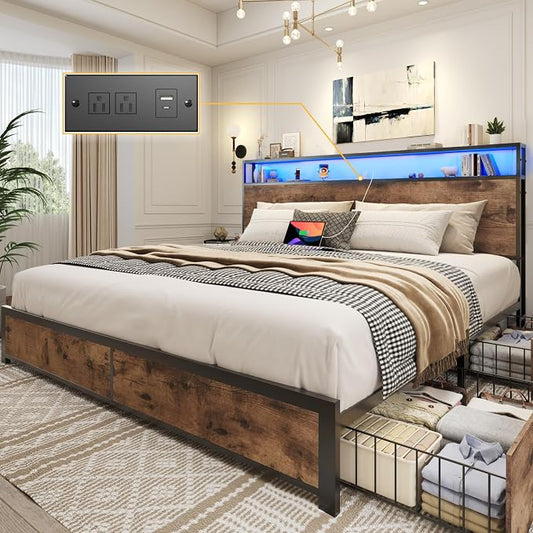 Lifezone King Bed Frame with 2-Tier Storage Headboard, Metal Platform Bed Frame with 4 Storage Drawers, Built in Charging Station & LED, Noise-Free/Metal Support/No Box Spring Needed, Vintage Brown