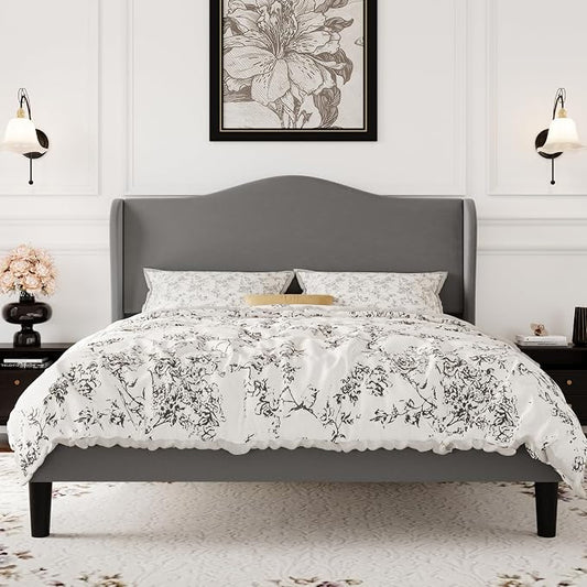 SHA CERLIN Full Size Velvet Platform Bed Frame with Elegant Wingback Headboard, Modern & Luxurious Design, Sturdy Wooden Slats, No Box Spring Required, Easy Assembly, Noise-Free, Soft Grey