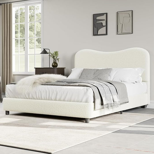 GarveeHome Boucle Full Size Bed Frame with Upholstered Headboard, Soft Low Profile Sturdy Platform Bed with Rounded Corners Design, Heavy Duty, Wooden Slats, Noise Free, No Box Spring Needed, Beige