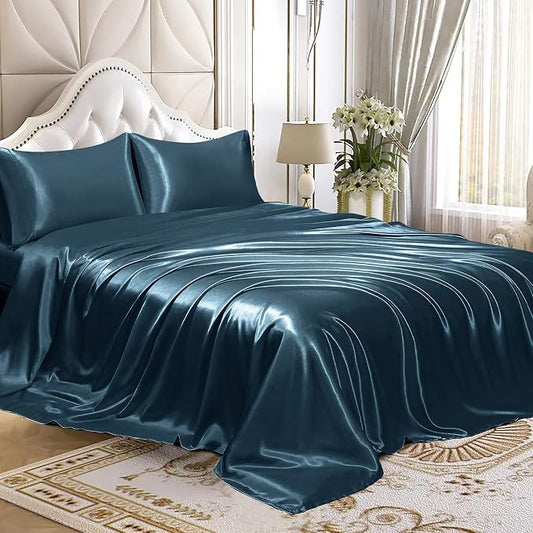 Homiest 4pcs Satin Sheets Set Luxury Silky Satin Bedding Set with Deep Pocket, 1 Fitted Sheet + 1 Flat Sheet + 2 Pillowcases (King Size, Deep Sea Blue)