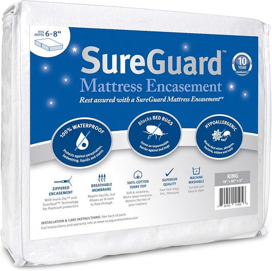 King (6-8 in. Deep) SureGuard Mattress Encasement - 100% Waterproof, Bed Bug Proof, Hypoallergenic - Premium Zippered Six-Sided Cover